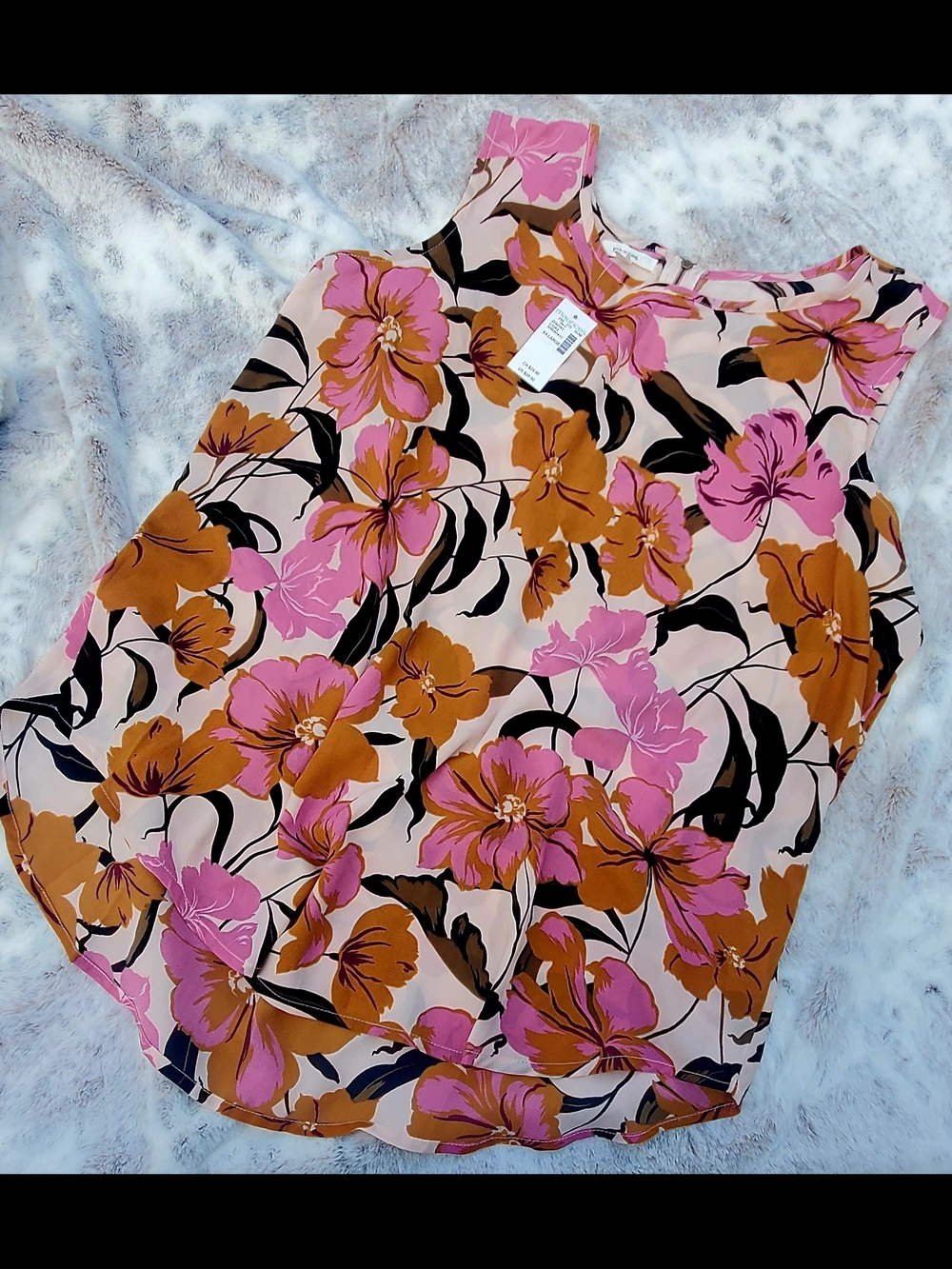 Maurices Pink Floral Sleeveless Chiffon Top with Brown Accents